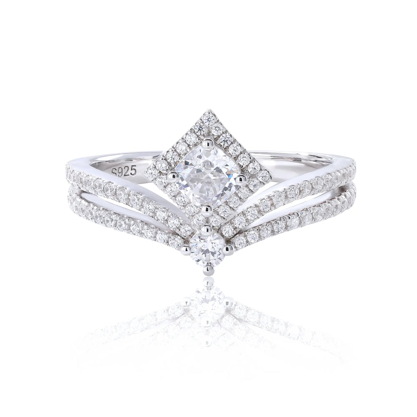 Princess Crown Ring, Curved Band Engagement and Wedding Ring Set Round Moissanite 925 Silver