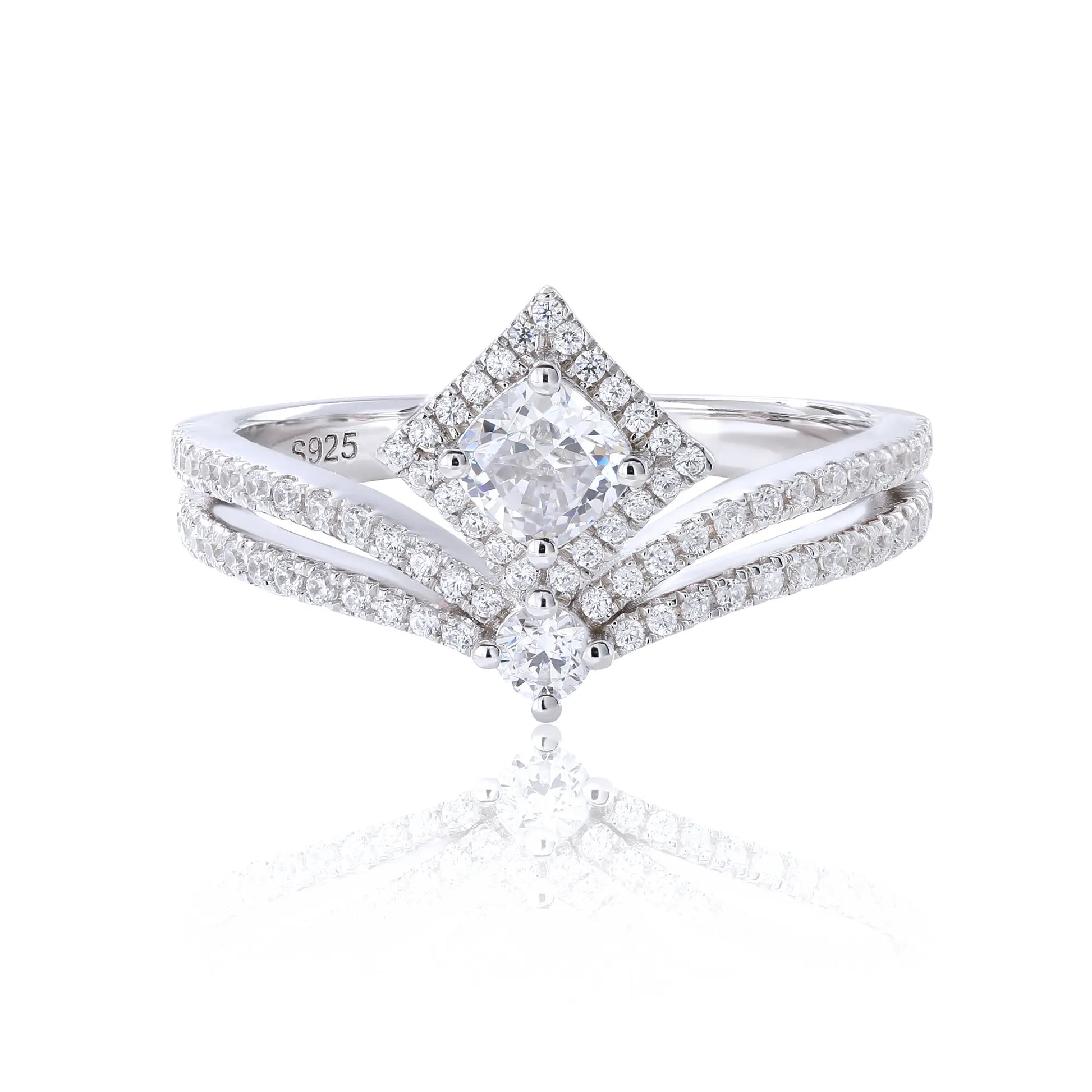 Princess Crown Ring, Curved Band Engagement and Wedding Ring Set Round Moissanite 925 Silver
