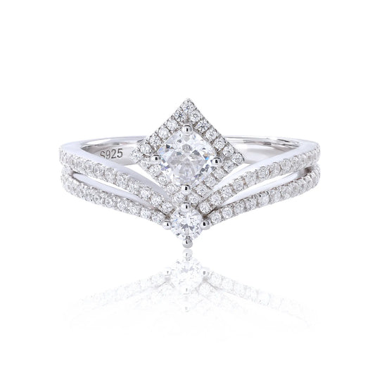 Princess Crown Ring, Curved Band Engagement and Wedding Ring Set Round Moissanite 925 Silver