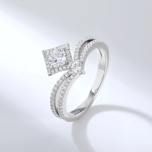 Princess Crown Ring, Curved Band Engagement and Wedding Ring Set Round Moissanite 925 Silver