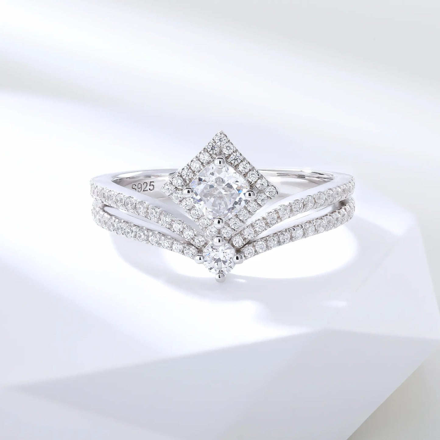 Princess Crown Ring, Curved Band Engagement and Wedding Ring Set Round Moissanite 925 Silver