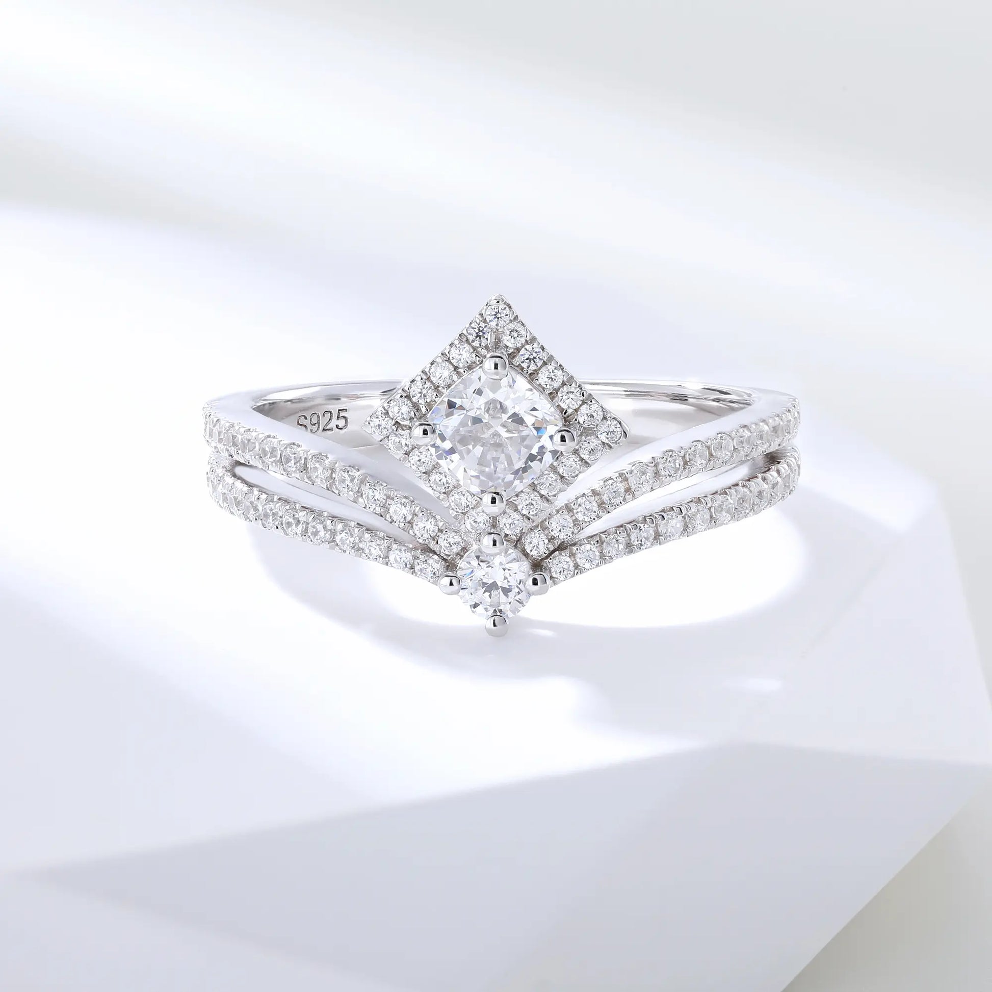 Princess Crown Ring, Curved Band Engagement and Wedding Ring Set Round Moissanite 925 Silver