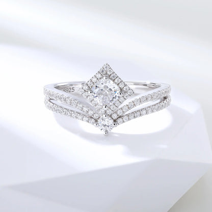 Princess Crown Ring, Curved Band Engagement and Wedding Ring Set Round Moissanite 925 Silver