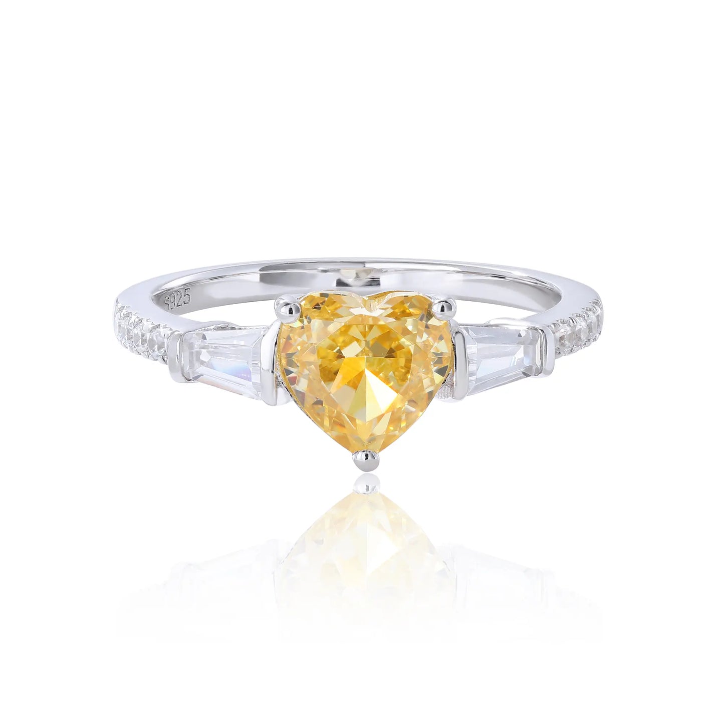 Heart Shaped Sapphire Ring, 925 Sterling Silver Yellow Sapphire Heart Ring Three-Stone