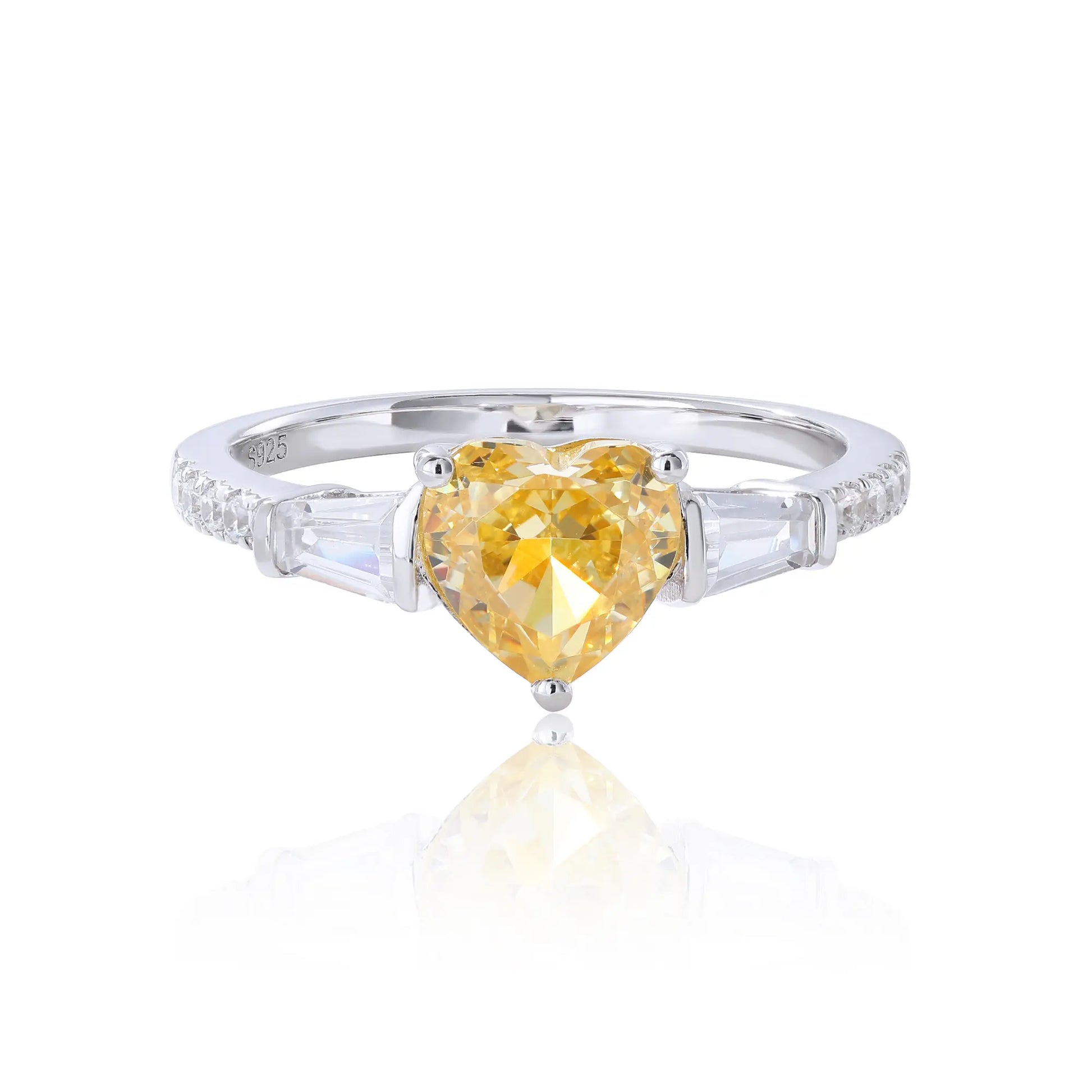 Heart Shaped Sapphire Ring, 925 Sterling Silver Yellow Sapphire Heart Ring Three-Stone