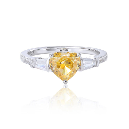 Heart Shaped Sapphire Ring, 925 Sterling Silver Yellow Sapphire Heart Ring Three-Stone