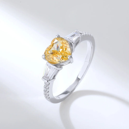 Heart Shaped Sapphire Ring, 925 Sterling Silver Yellow Sapphire Heart Ring Three-Stone