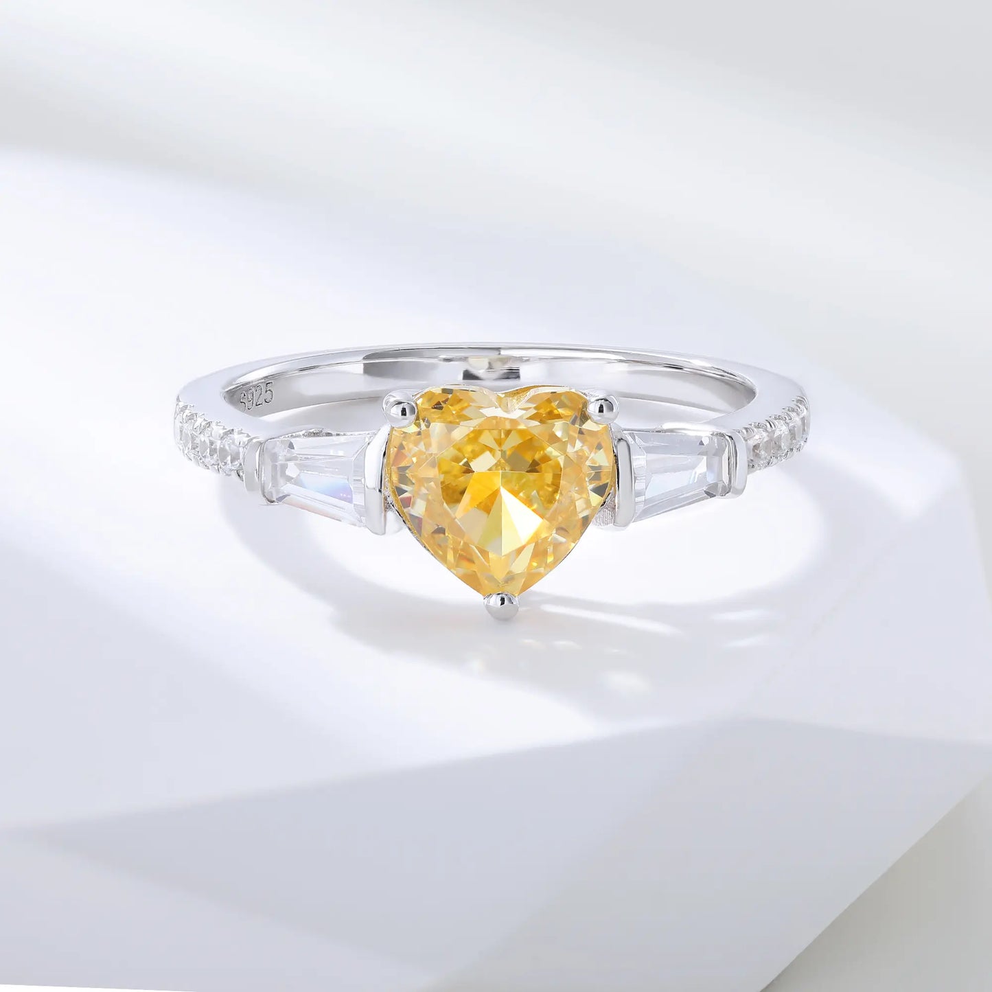 Heart Shaped Sapphire Ring, 925 Sterling Silver Yellow Sapphire Heart Ring Three-Stone