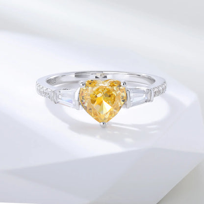 Heart Shaped Sapphire Ring, 925 Sterling Silver Yellow Sapphire Heart Ring Three-Stone