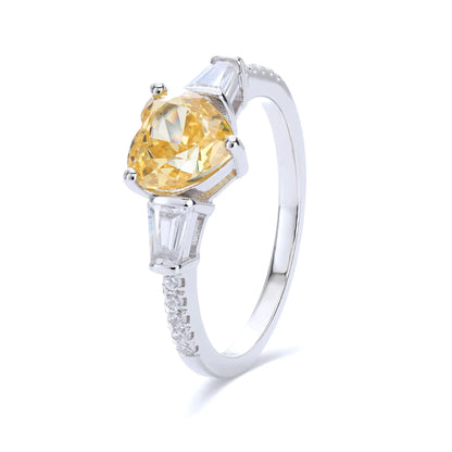 Heart Shaped Sapphire Ring, 925 Sterling Silver Yellow Sapphire Heart Ring Three-Stone