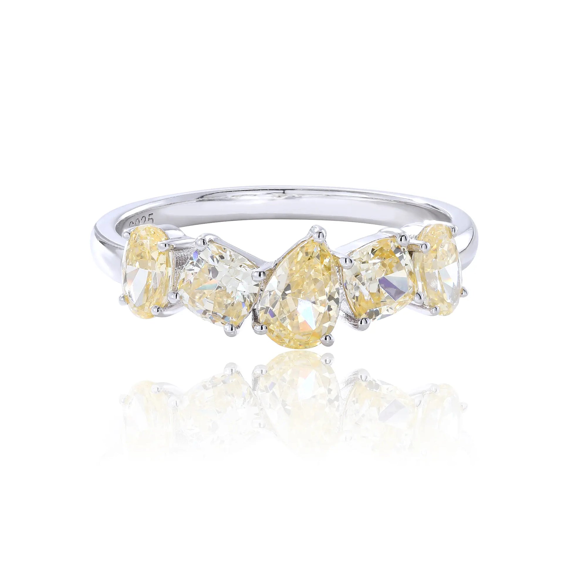 Yellow Moissanite Rings, 925 Sterling Silver Multi-Cut Five Stone Stacking Band