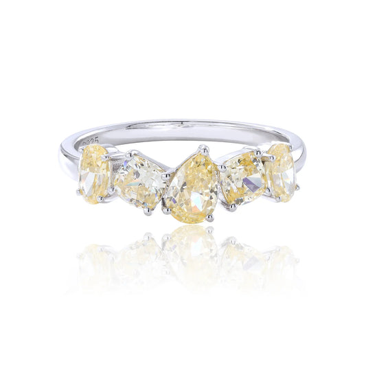 Yellow Moissanite Rings, 925 Sterling Silver Multi-Cut Five Stone Stacking Band