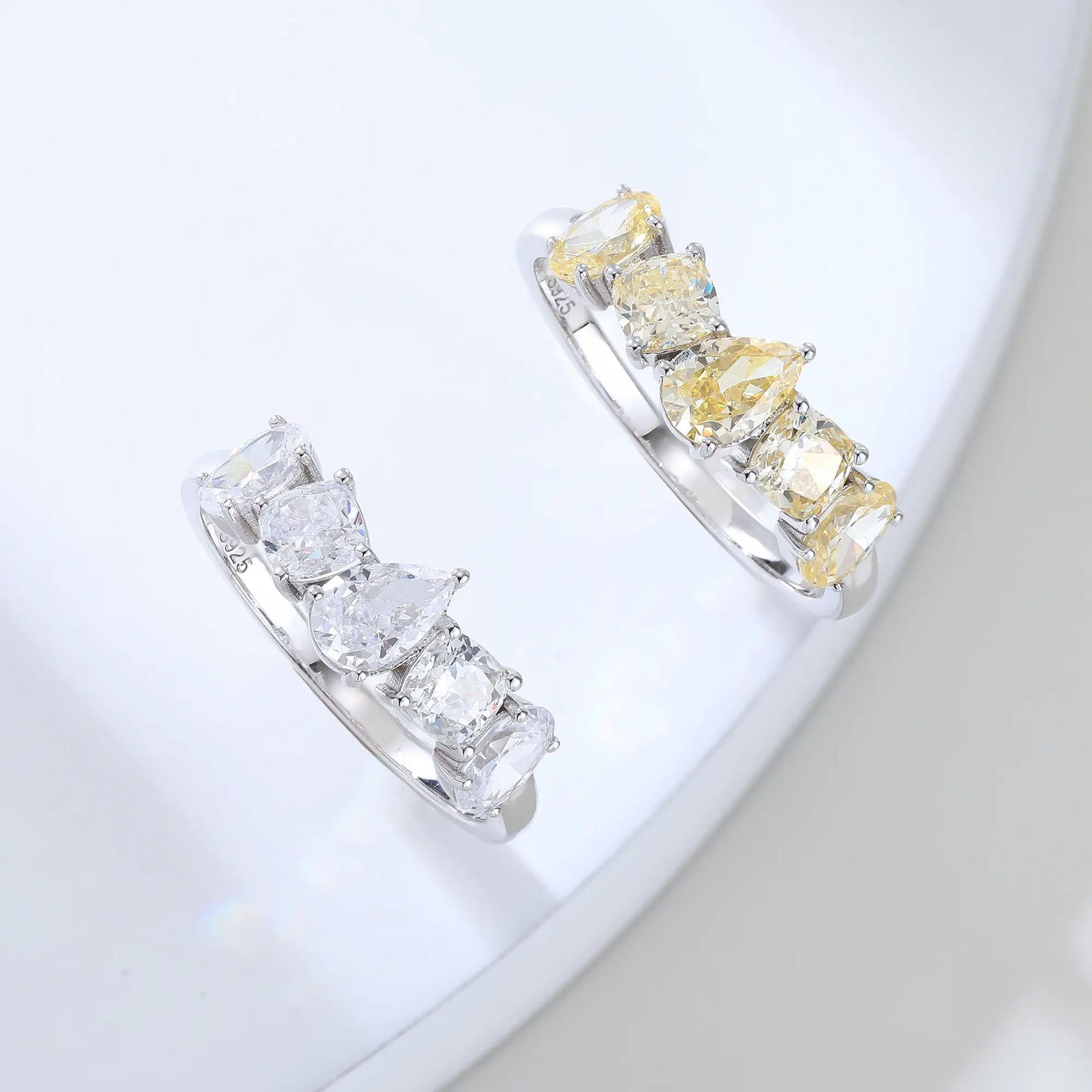 Yellow Moissanite Rings, 925 Sterling Silver Multi-Cut Five Stone Stacking Band