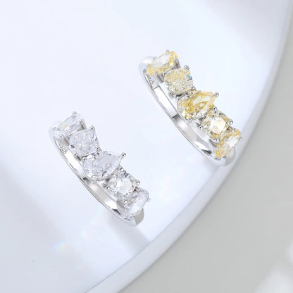 Yellow Moissanite Rings, 925 Sterling Silver Multi-Cut Five Stone Stacking Band