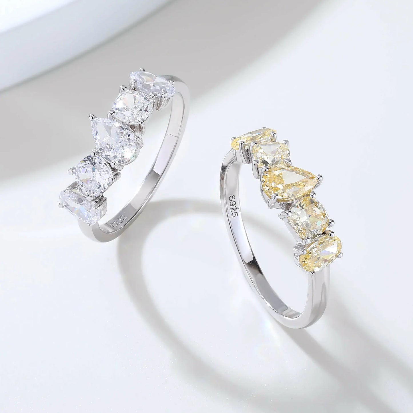 Yellow Moissanite Rings, 925 Sterling Silver Multi-Cut Five Stone Stacking Band