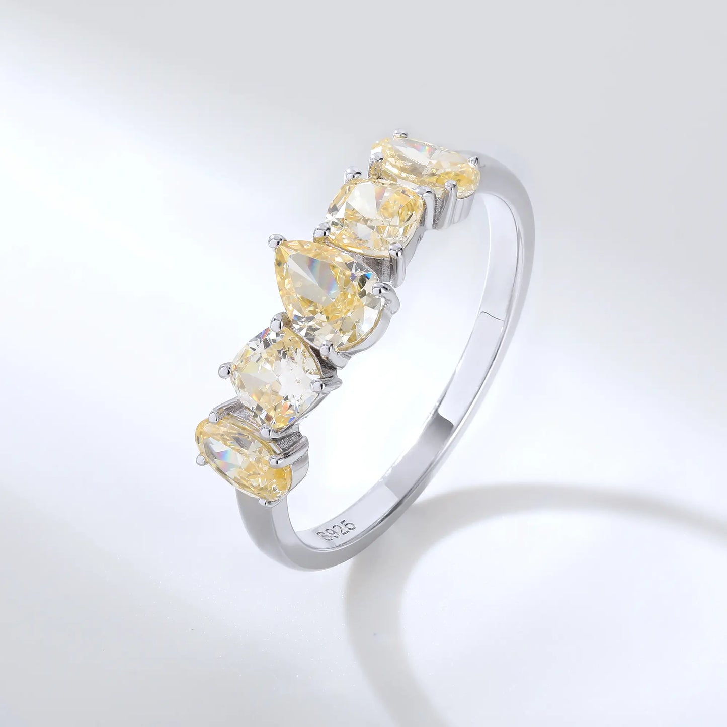 Yellow Moissanite Rings, 925 Sterling Silver Multi-Cut Five Stone Stacking Band