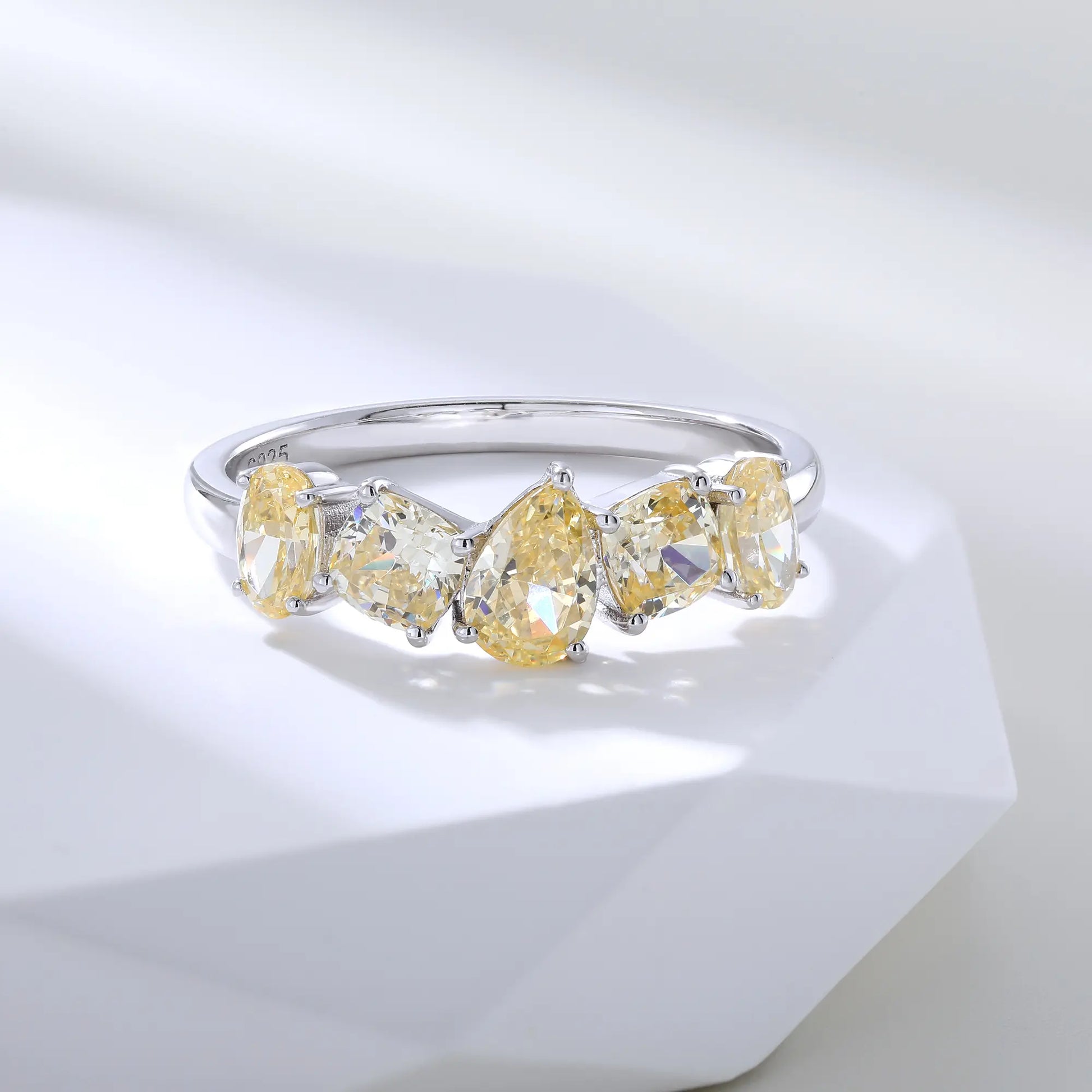 Yellow Moissanite Rings, 925 Sterling Silver Multi-Cut Five Stone Stacking Band