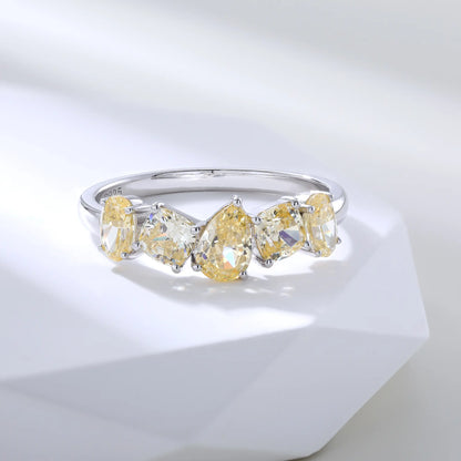 Yellow Moissanite Rings, 925 Sterling Silver Multi-Cut Five Stone Stacking Band