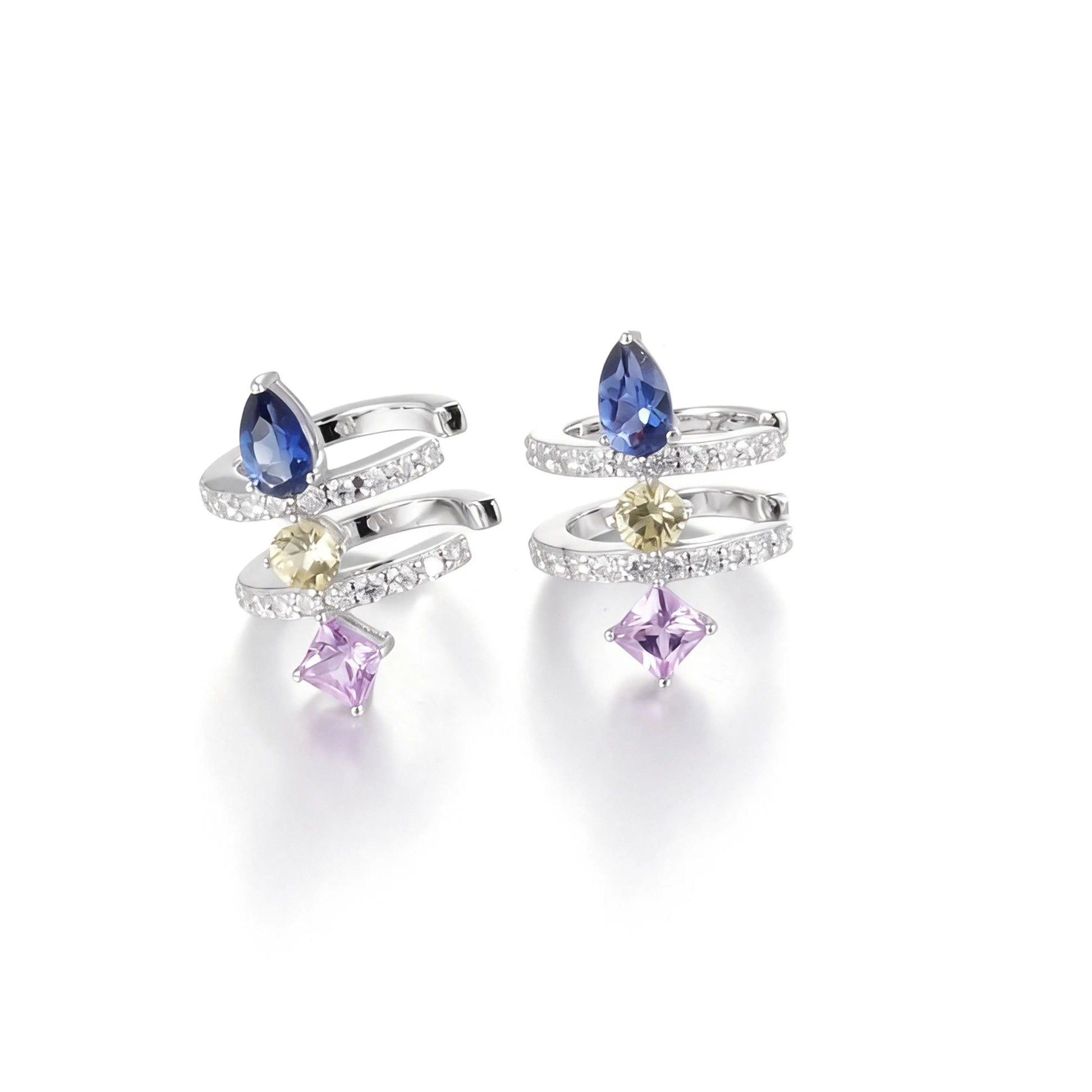 Pear Cut Sapphire Ear Cuff, 925 Sterling Silver Multi-Gemstone No Piercing Double Hoop