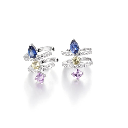 Pear Cut Sapphire Ear Cuff, 925 Sterling Silver Multi-Gemstone No Piercing Double Hoop