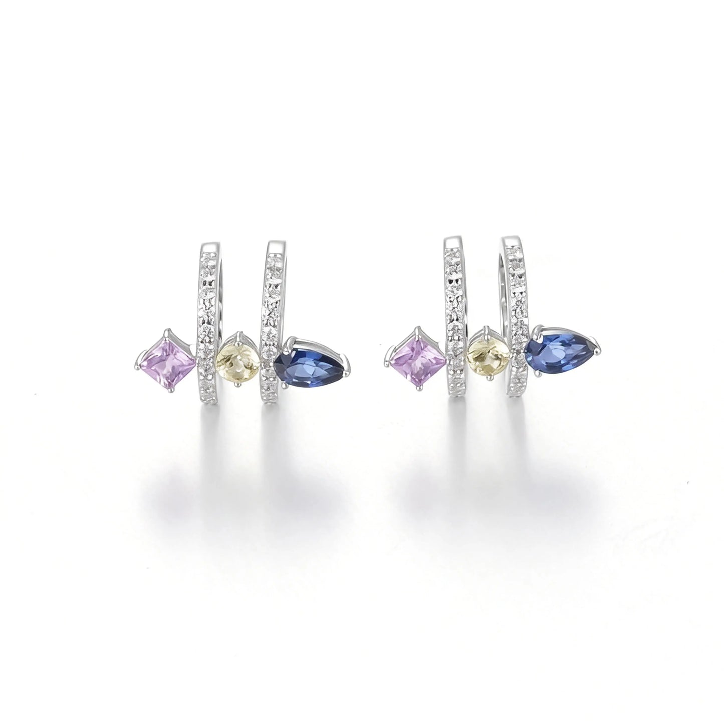 Pear Cut Sapphire Ear Cuff, 925 Sterling Silver Multi-Gemstone No Piercing Double Hoop