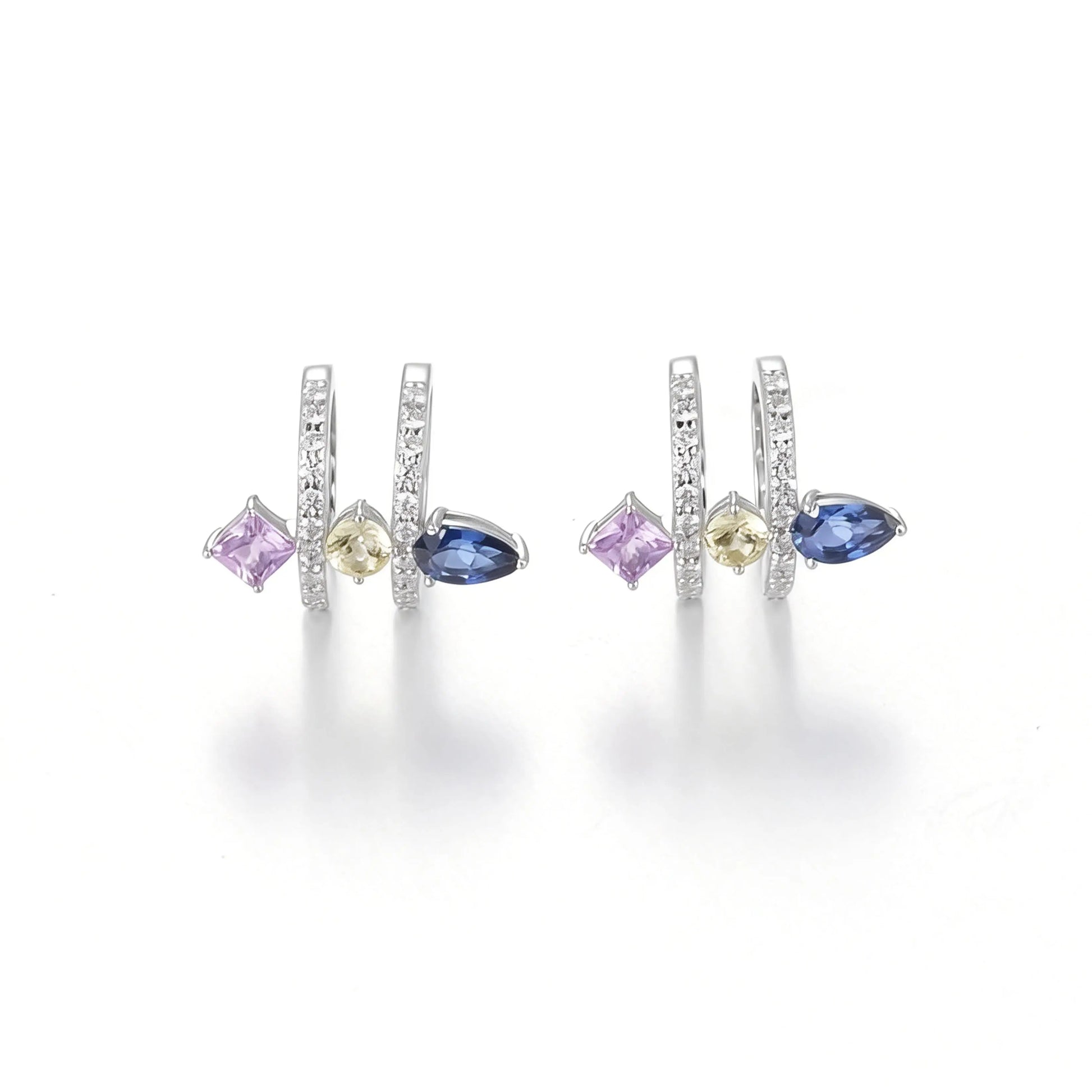 Pear Cut Sapphire Ear Cuff, 925 Sterling Silver Multi-Gemstone No Piercing Double Hoop