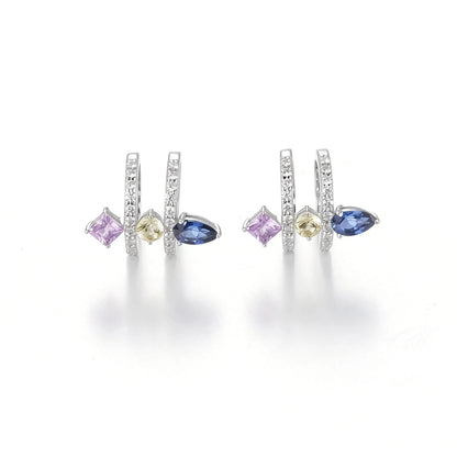 Pear Cut Sapphire Ear Cuff, 925 Sterling Silver Multi-Gemstone No Piercing Double Hoop