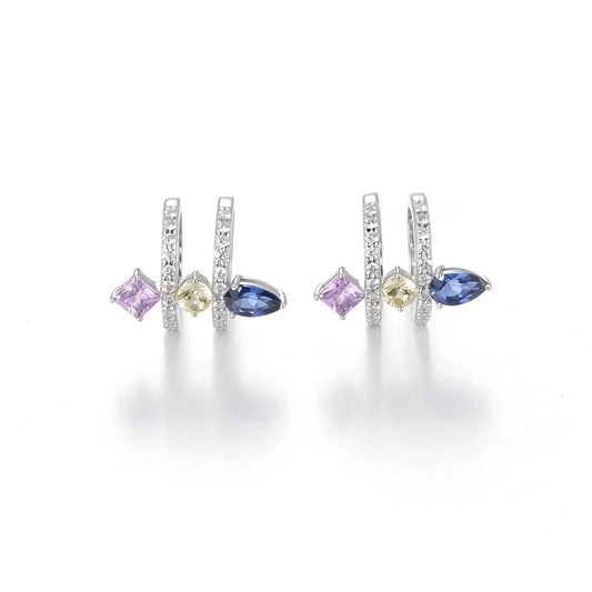 Pear Cut Sapphire Ear Cuff, 925 Sterling Silver Multi-Gemstone No Piercing Double Hoop
