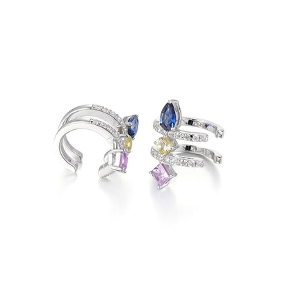 Pear Cut Sapphire Ear Cuff, 925 Sterling Silver Multi-Gemstone No Piercing Double Hoop