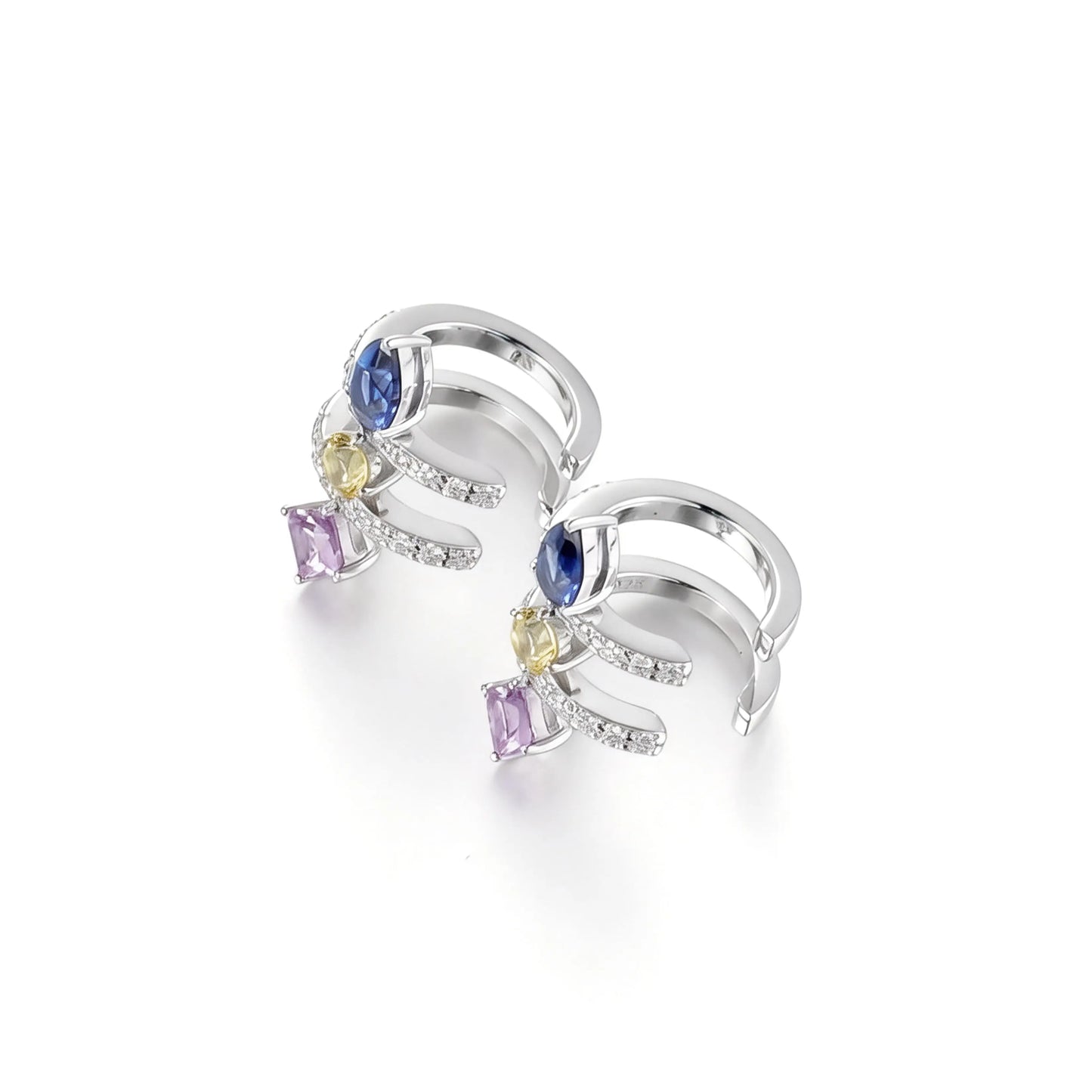 Pear Cut Sapphire Ear Cuff, 925 Sterling Silver Multi-Gemstone No Piercing Double Hoop