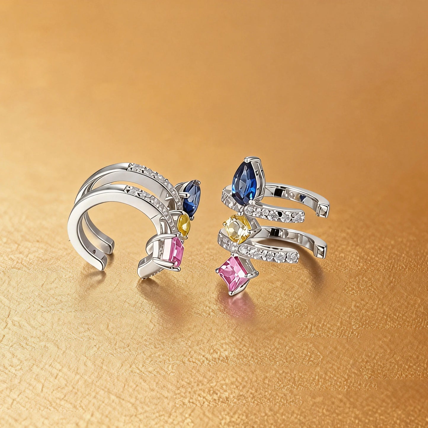 Pear Cut Sapphire Ear Cuff, 925 Sterling Silver Multi-Gemstone No Piercing Double Hoop