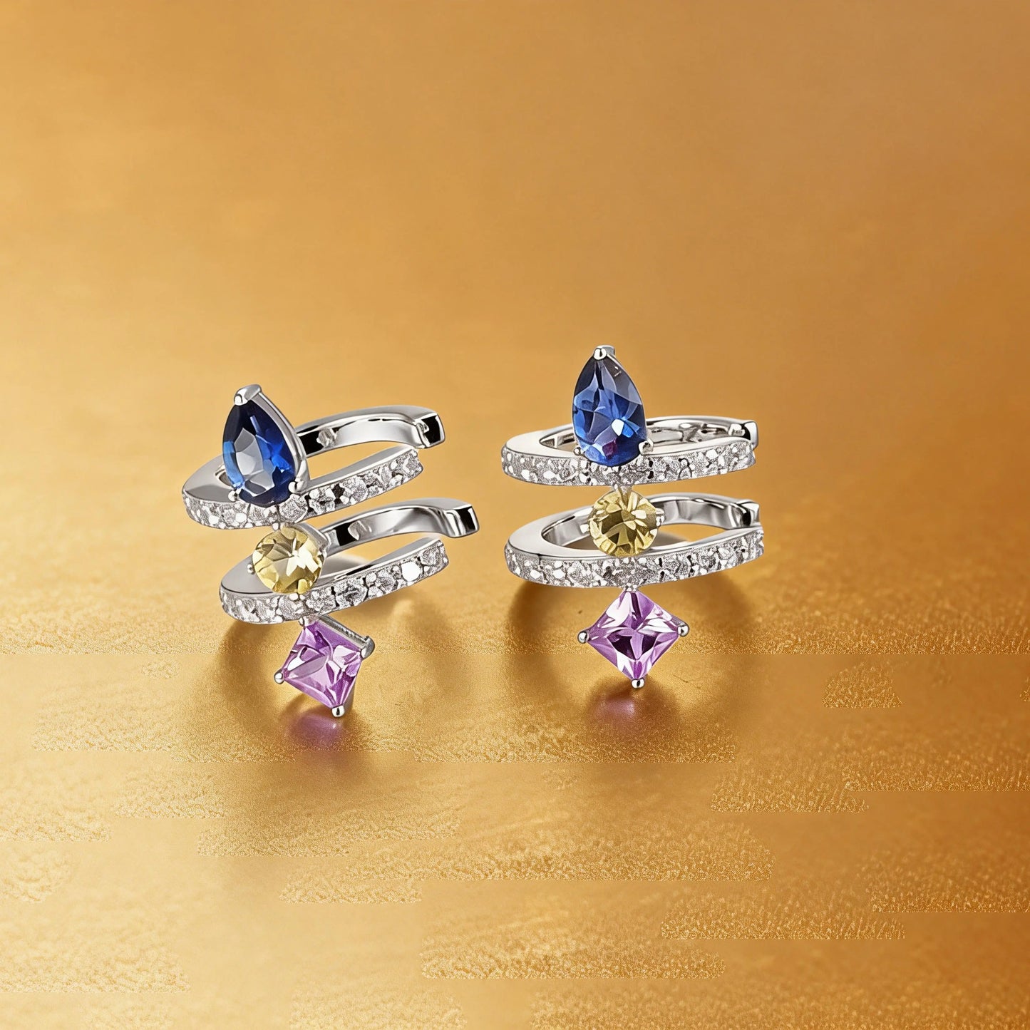 Pear Cut Sapphire Ear Cuff, 925 Sterling Silver Multi-Gemstone No Piercing Double Hoop