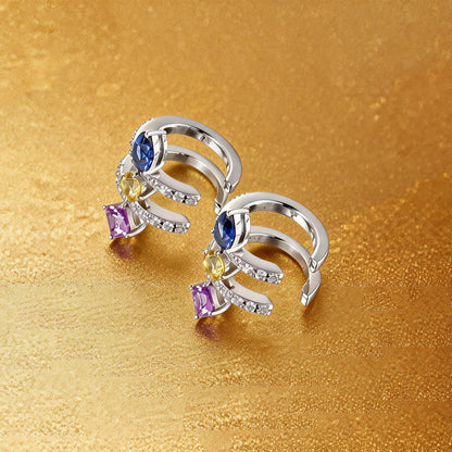 Pear Cut Sapphire Ear Cuff, 925 Sterling Silver Multi-Gemstone No Piercing Double Hoop