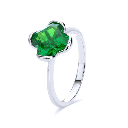 Bezel-Set Emerald Four Leaf Clover Ring in 925 Sterling Silver