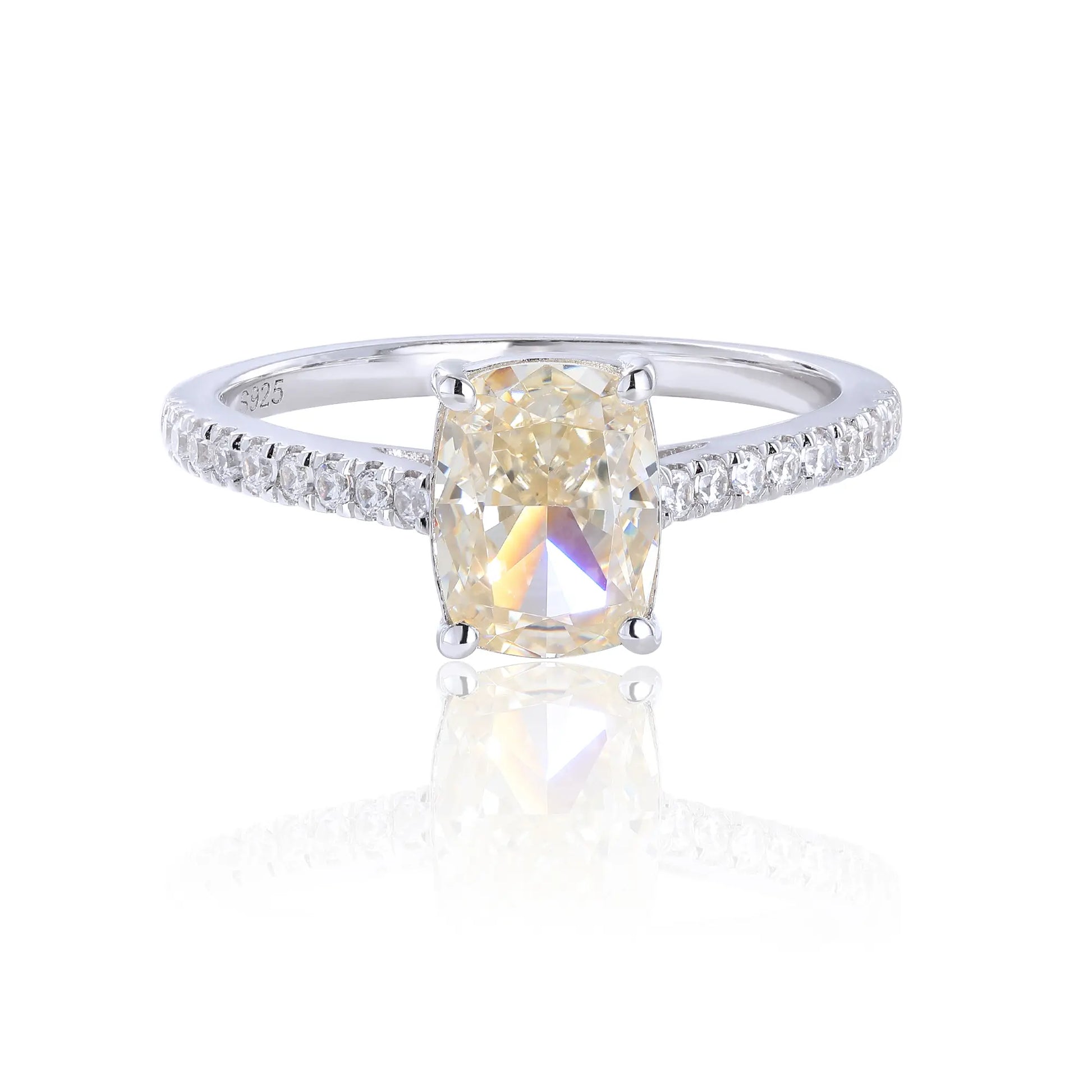 Elongated Cushion Cut Moissanite Ring, 925 Sterling Silver Pavé Band Solitaire