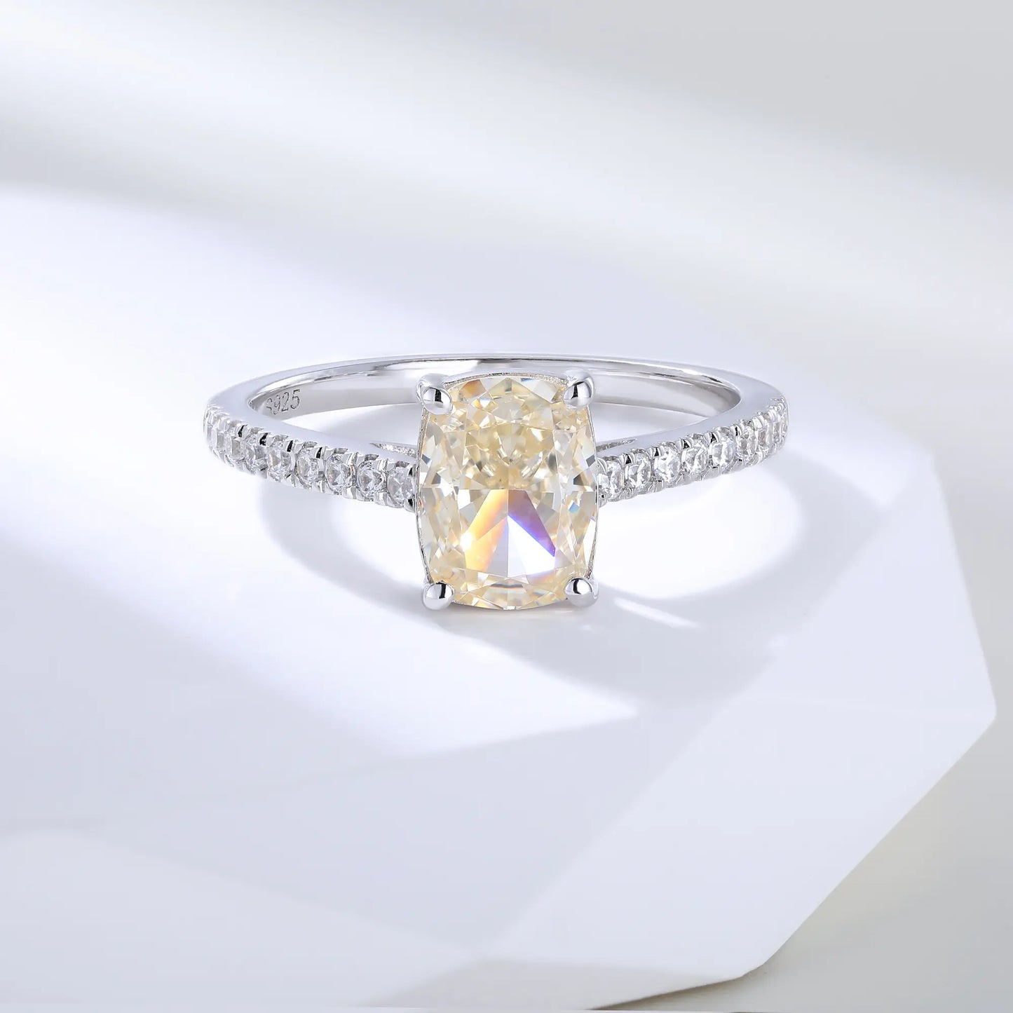 Elongated Cushion Cut Moissanite Ring, 925 Sterling Silver Pavé Band Solitaire