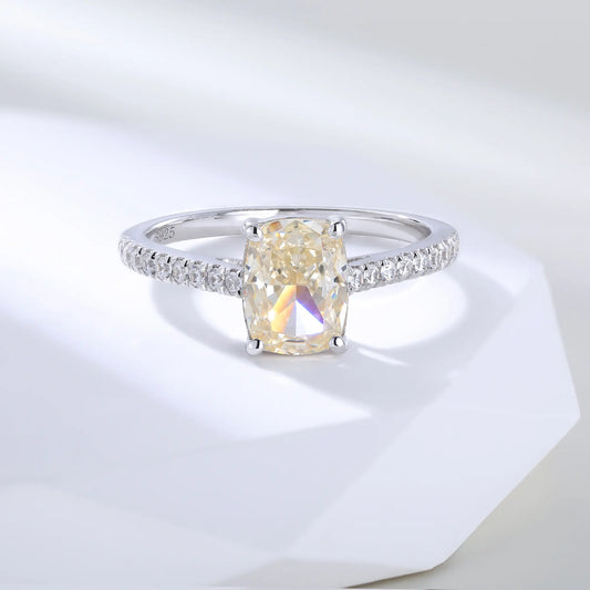 Elongated Cushion Cut Moissanite Ring, 925 Sterling Silver Pavé Band Solitaire