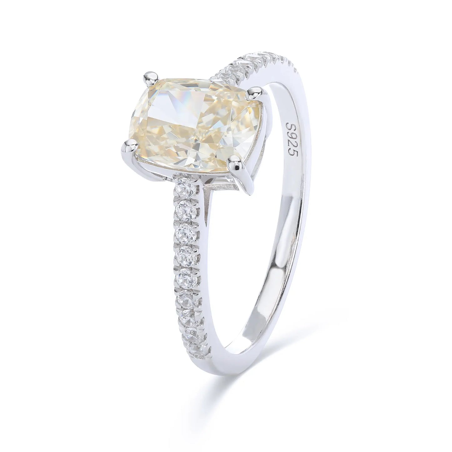 Elongated Cushion Cut Moissanite Ring, 925 Sterling Silver Pavé Band Solitaire