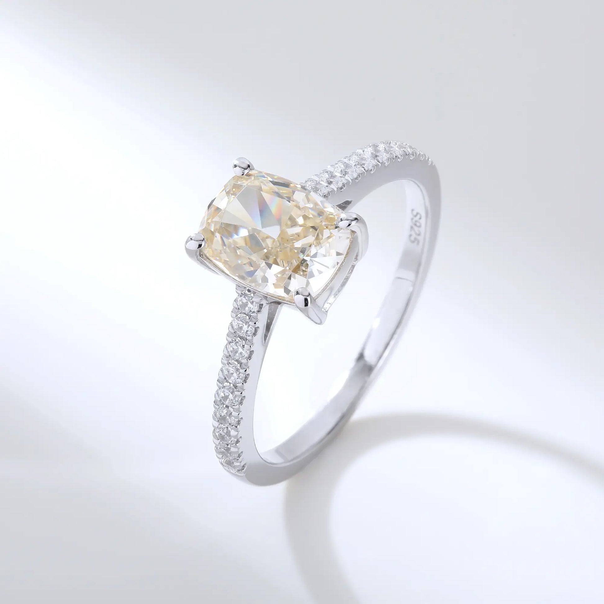 Elongated Cushion Cut Moissanite Ring, 925 Sterling Silver Pavé Band Solitaire