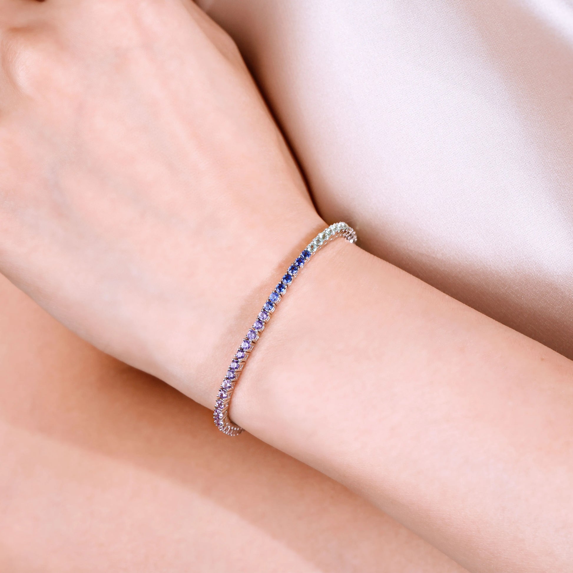 Rainbow Sapphire Tennis Bracelet, 2mm 925 Sterling Silver Multi-Color Gemstone Strand