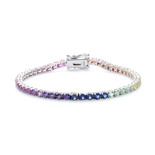 Rainbow Sapphire Tennis Bracelet, 3mm 925 Sterling Silver Multi-Color Gemstone Strand