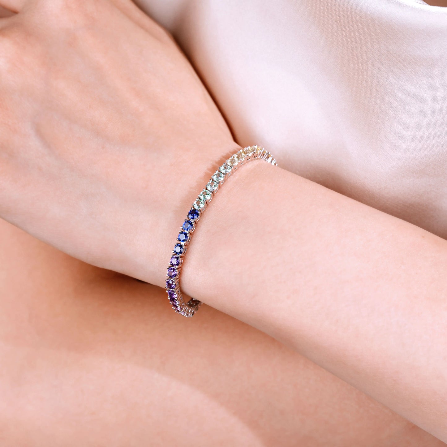 Rainbow Sapphire Tennis Bracelet, 3mm 925 Sterling Silver Multi-Color Gemstone Strand