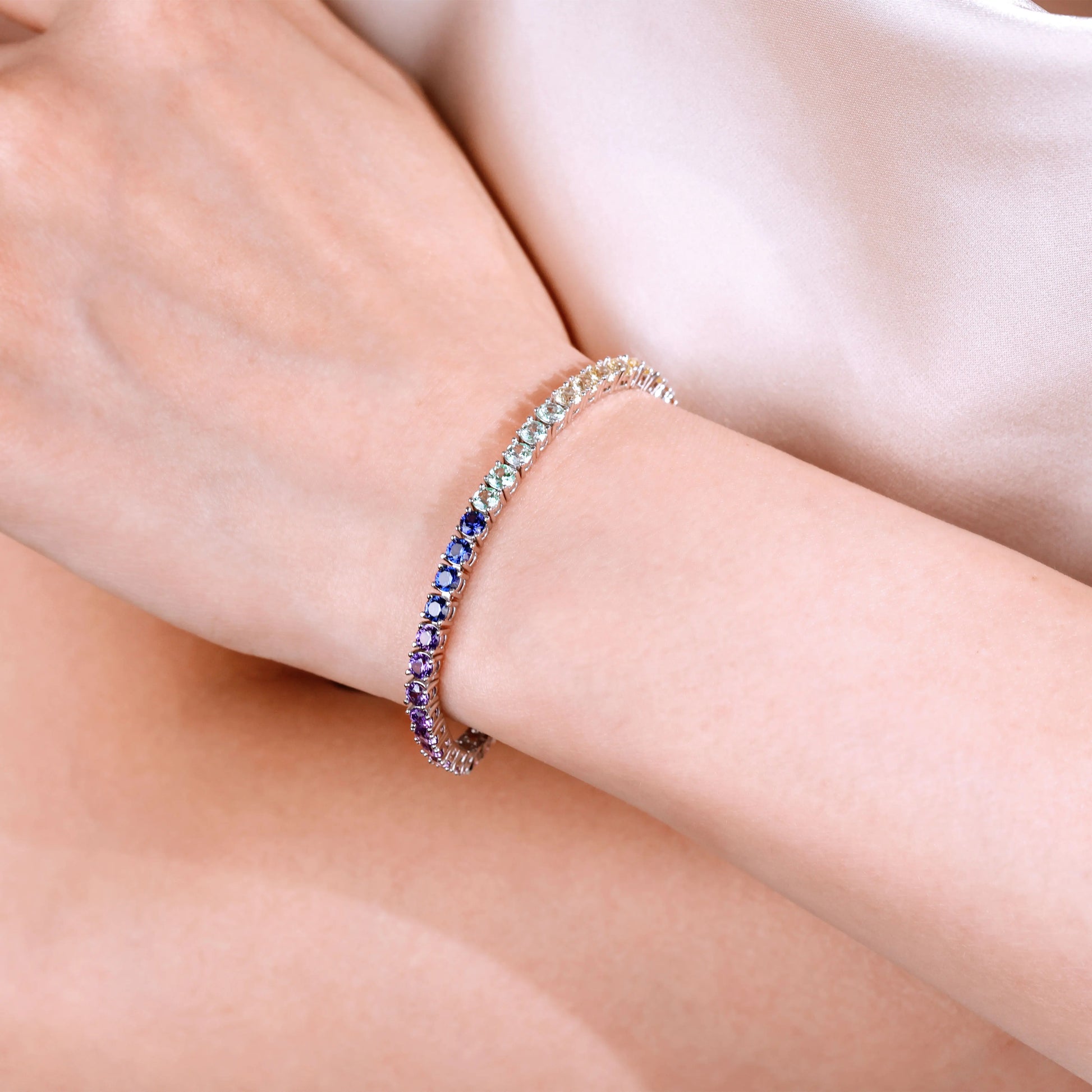 Rainbow Sapphire Tennis Bracelet, 3mm 925 Sterling Silver Multi-Color Gemstone Strand