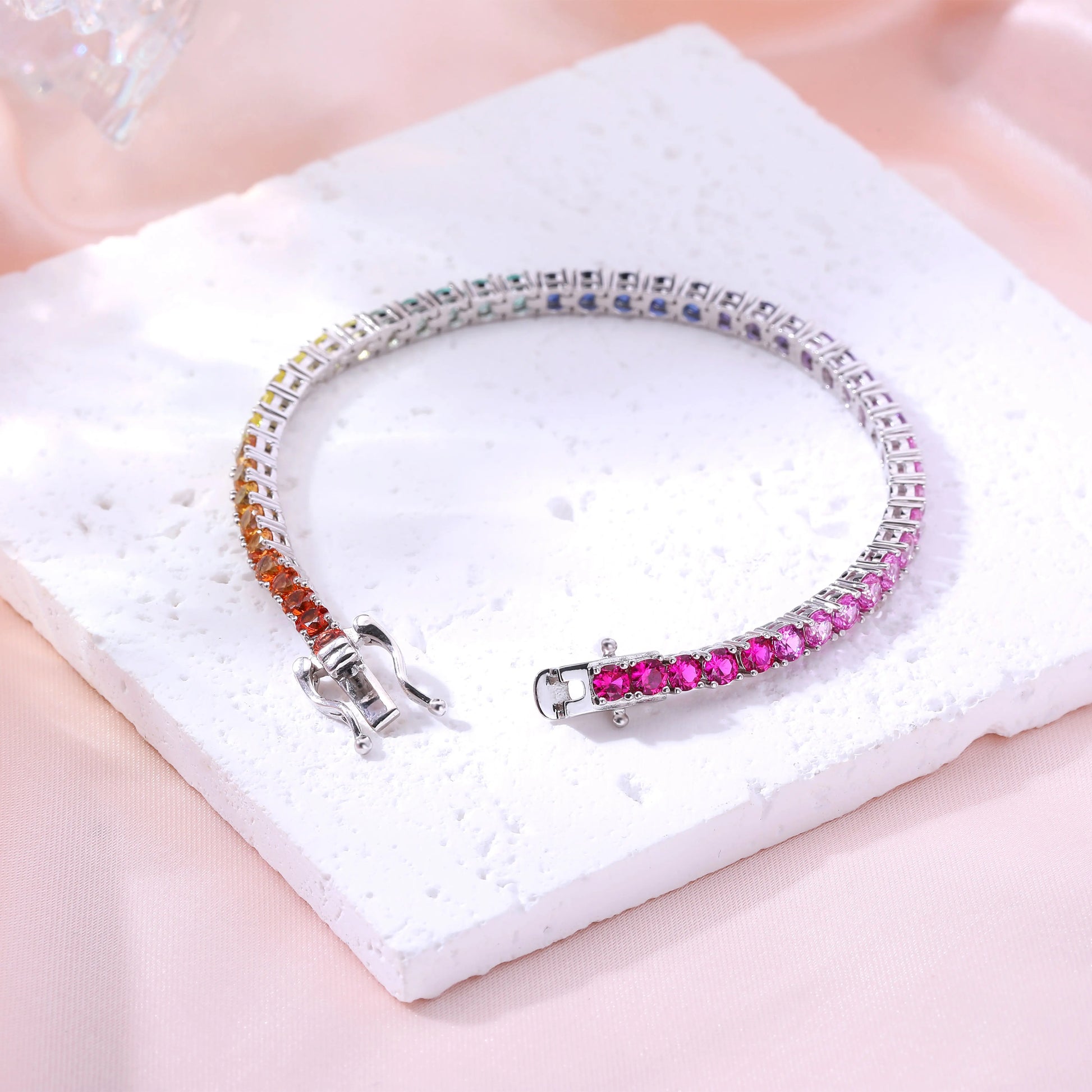 Rainbow Sapphire Tennis Bracelet, 3mm 925 Sterling Silver Multi-Color Gemstone Strand