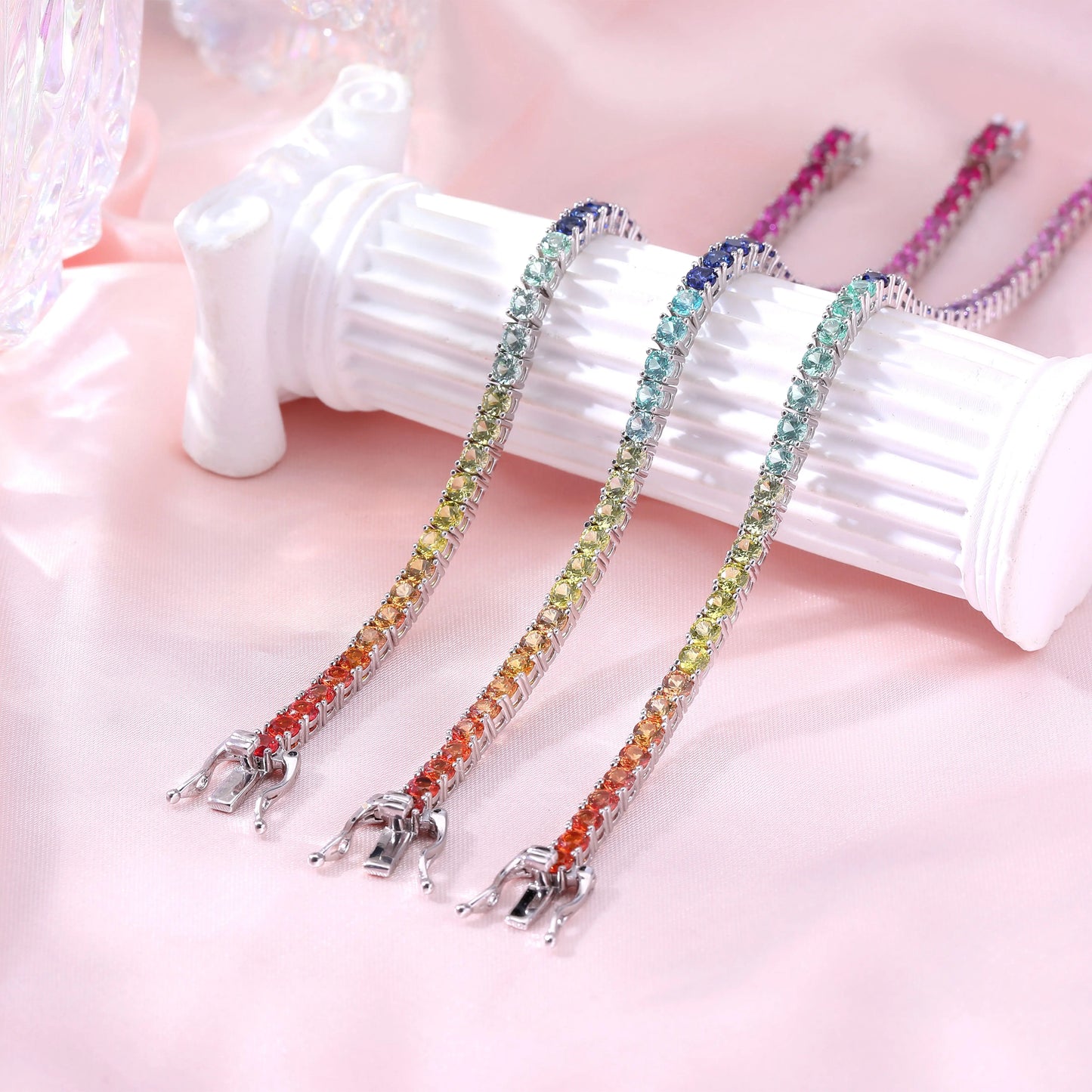 Rainbow Sapphire Tennis Bracelet, 3mm 925 Sterling Silver Multi-Color Gemstone Strand