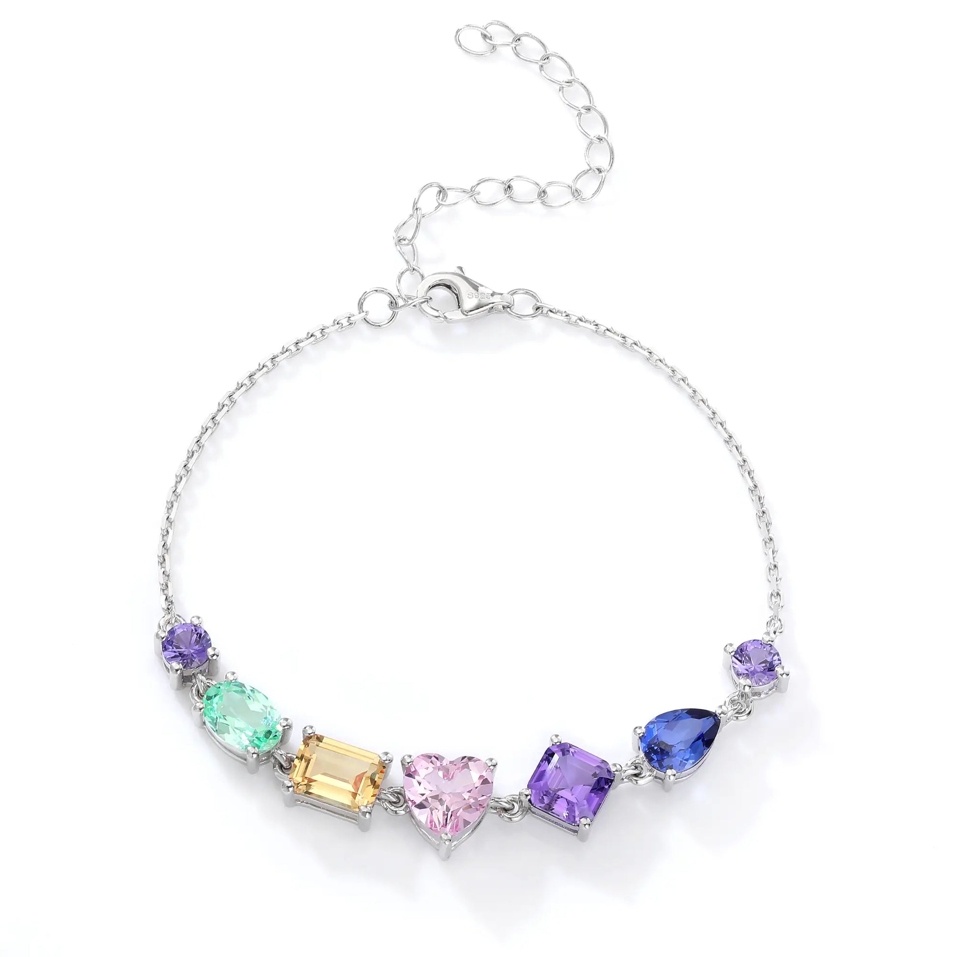 Multicolor Gemstone Bracelet, 925 Sterling Silver Multi-Shape Rainbow Link Chain