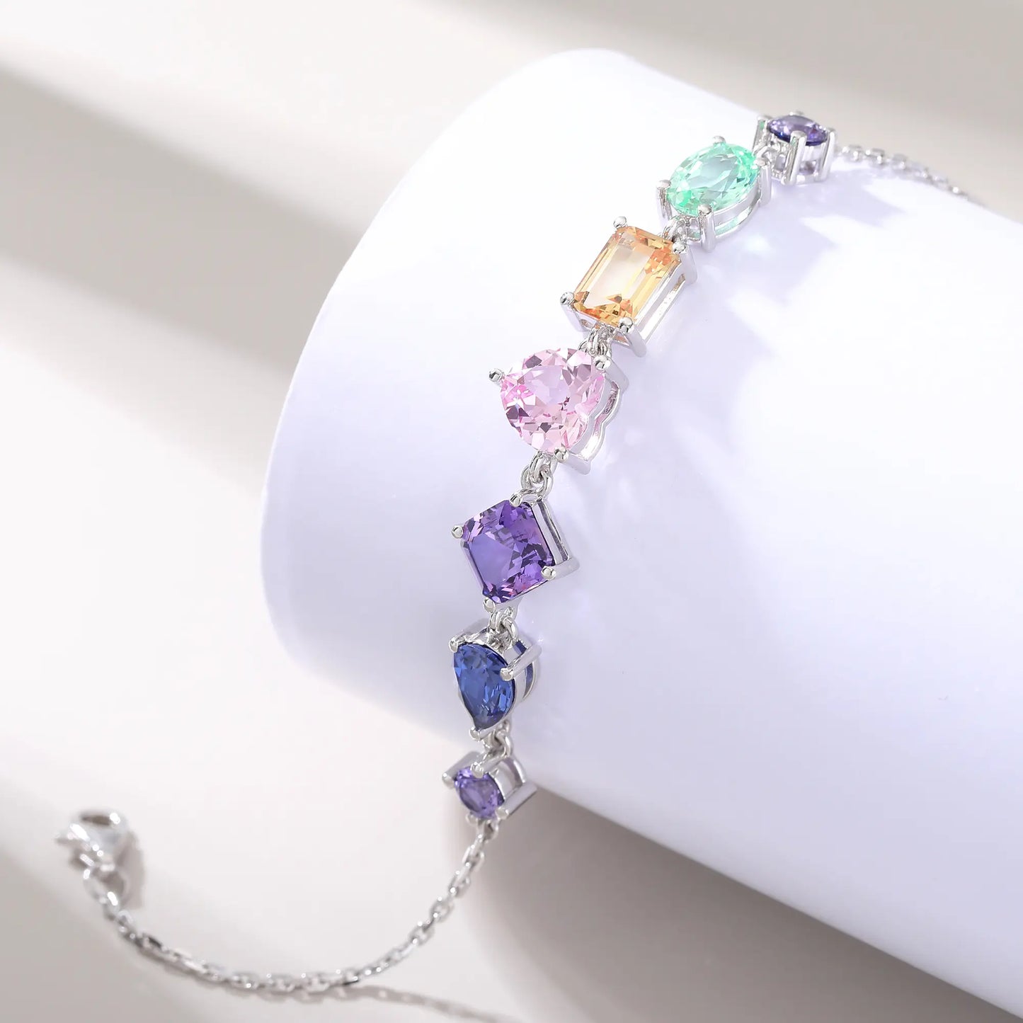 Multicolor Gemstone Bracelet, 925 Sterling Silver Multi-Shape Rainbow Link Chain