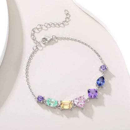 Multicolor Gemstone Bracelet, 925 Sterling Silver Multi-Shape Rainbow Link Chain