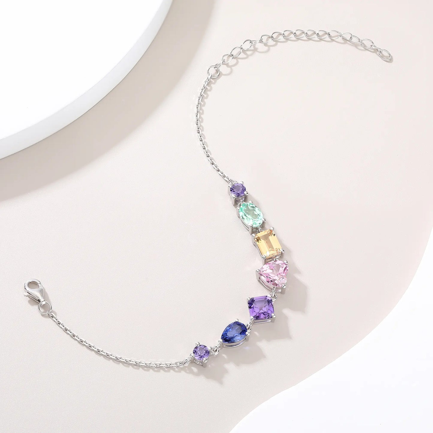 Multicolor Gemstone Bracelet, 925 Sterling Silver Multi-Shape Rainbow Link Chain
