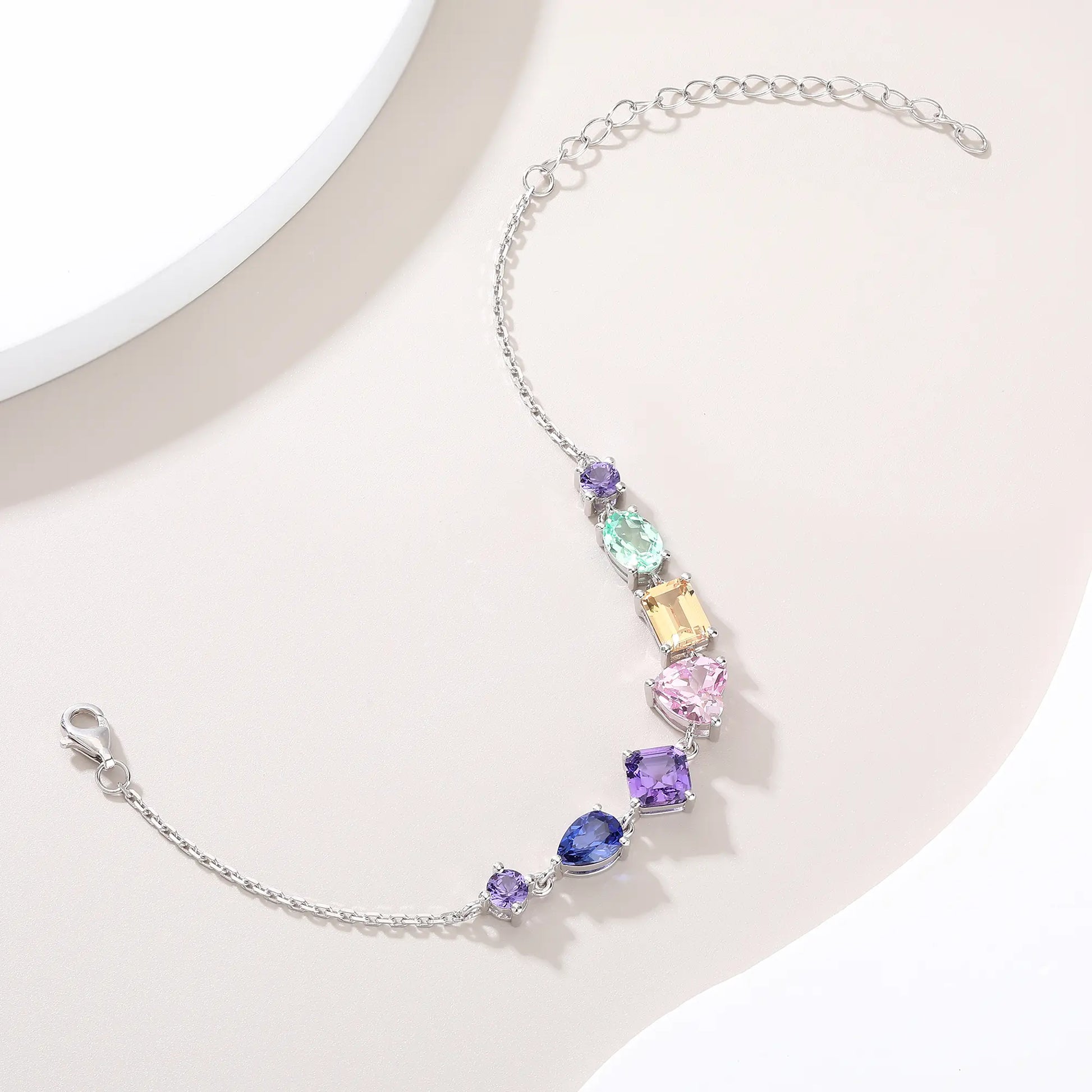 Multicolor Gemstone Bracelet, 925 Sterling Silver Multi-Shape Rainbow Link Chain